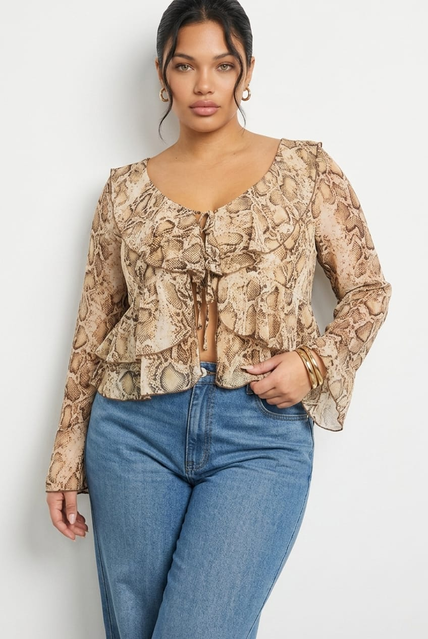 Brown Animal Print Ruffle Top Long Sleeve Tie Front for YouandAll Fashion