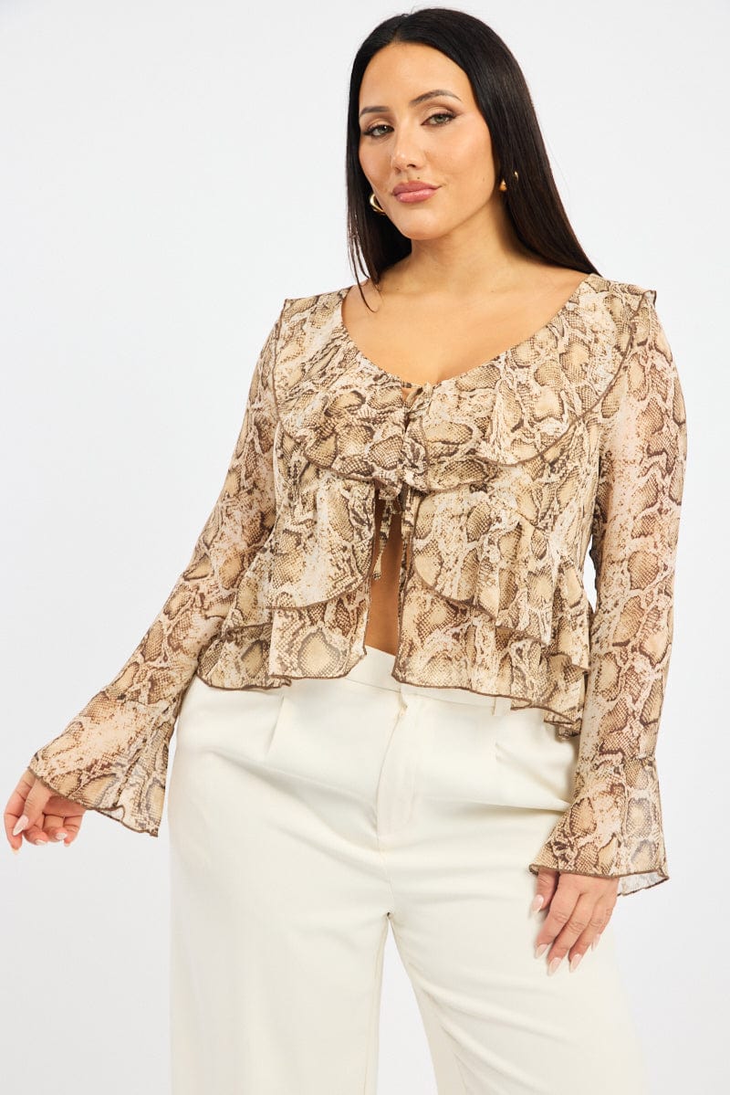 Brown Animal Print Ruffle Top Long Sleeve Tie Front for YouandAll Fashion