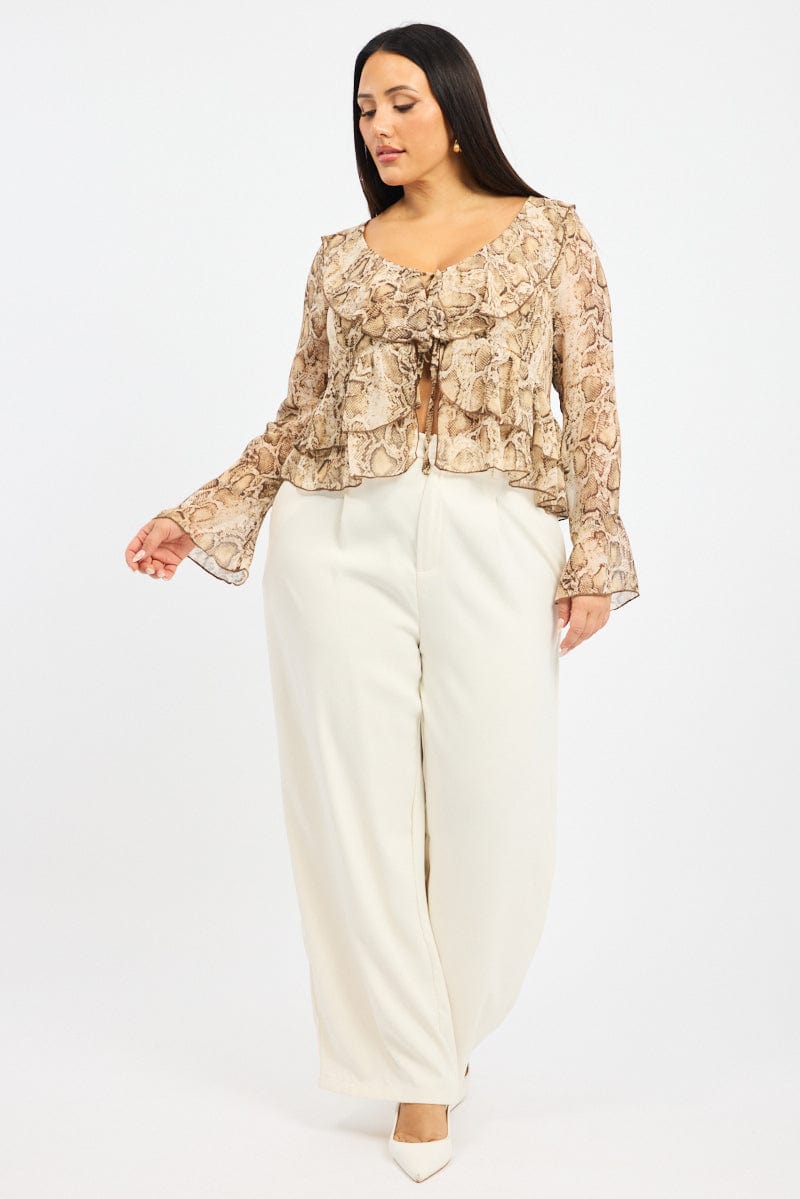 Brown Animal Print Ruffle Top Long Sleeve Tie Front for YouandAll Fashion