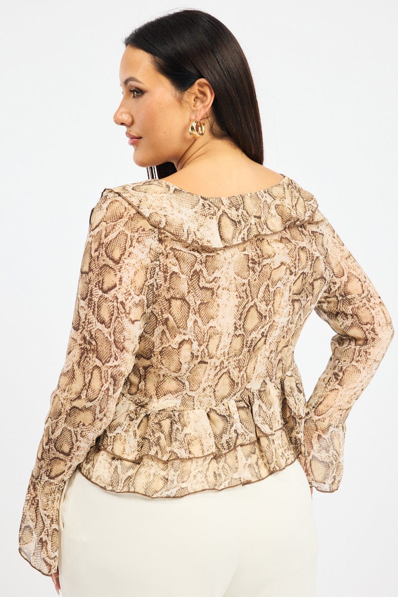 Brown Animal Print Ruffle Top Long Sleeve Tie Front for YouandAll Fashion