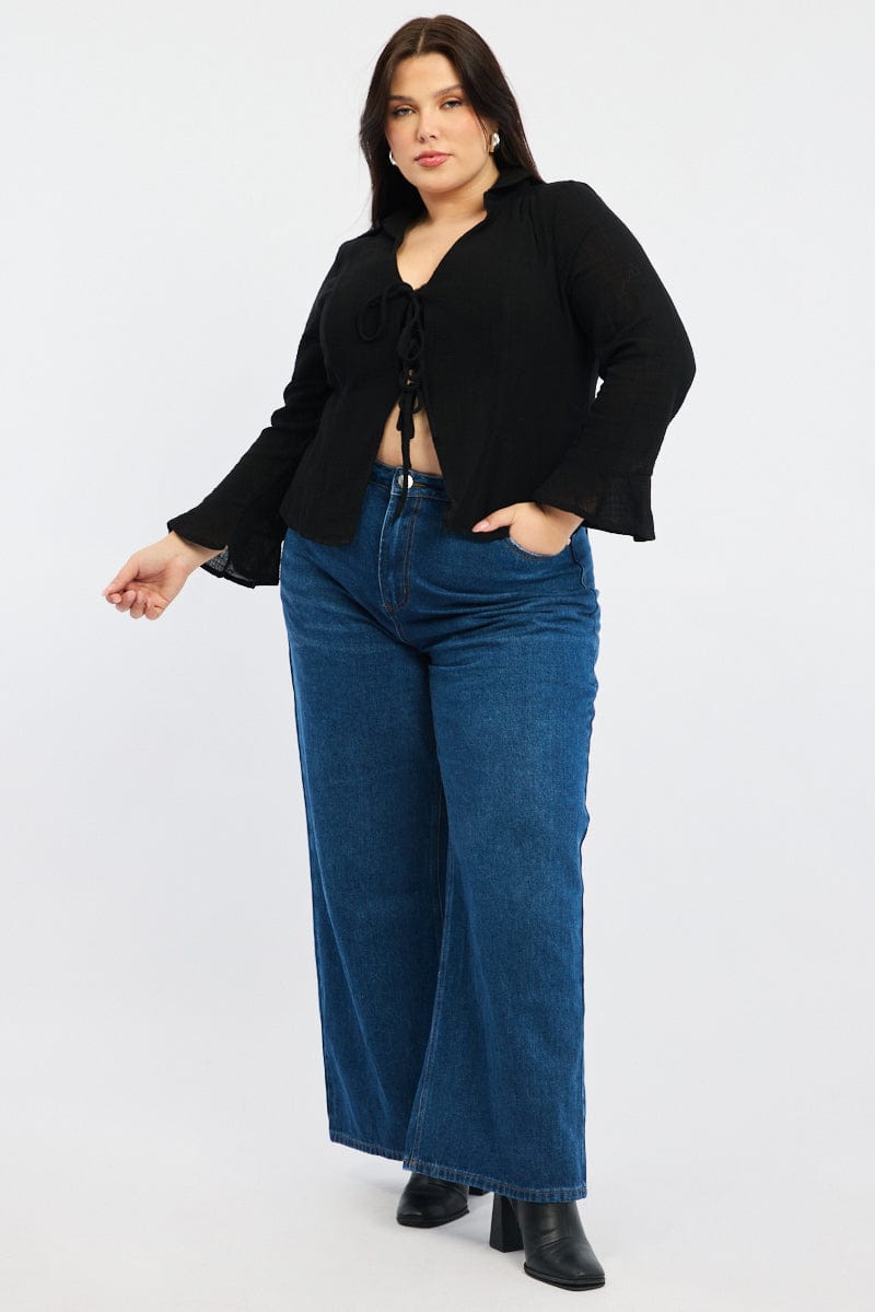 Black Tie Front Long Long Sleeve Textured for YouandAll Fashion