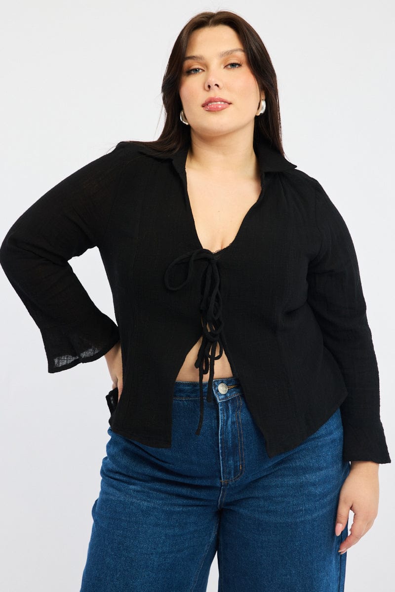 Black Tie Front Long Long Sleeve Textured for YouandAll Fashion