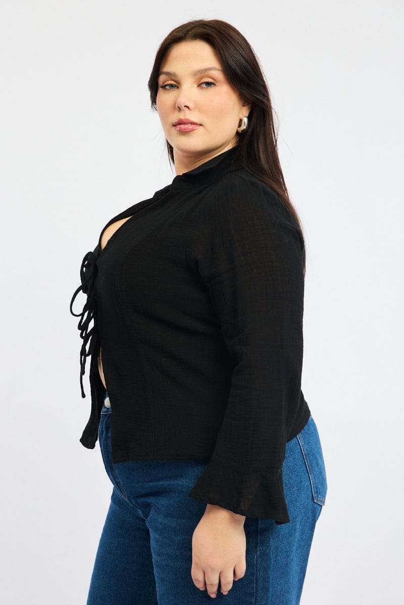 Black Tie Front Long Long Sleeve Textured for YouandAll Fashion