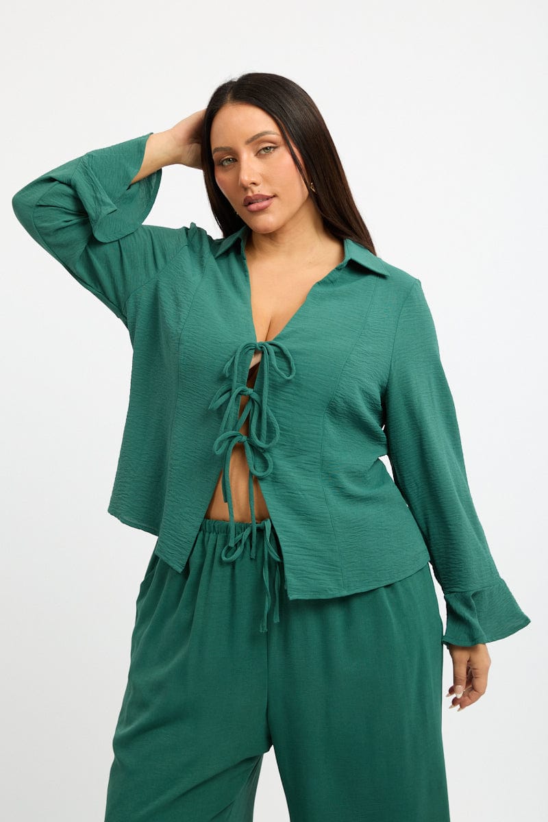 Green Tie Front Top Long Sleeve Textured for YouandAll Fashion