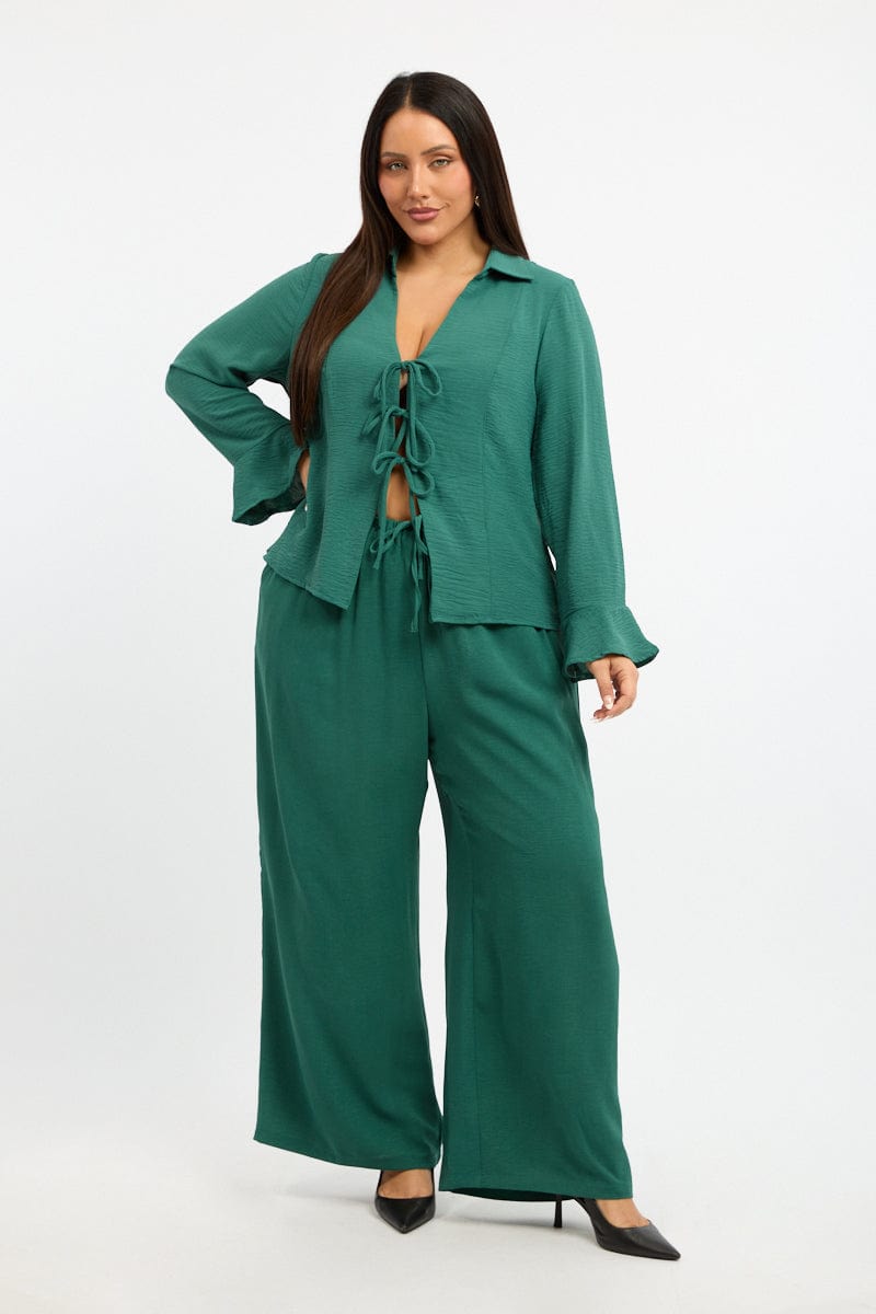 Green Tie Front Top Long Sleeve Textured for YouandAll Fashion
