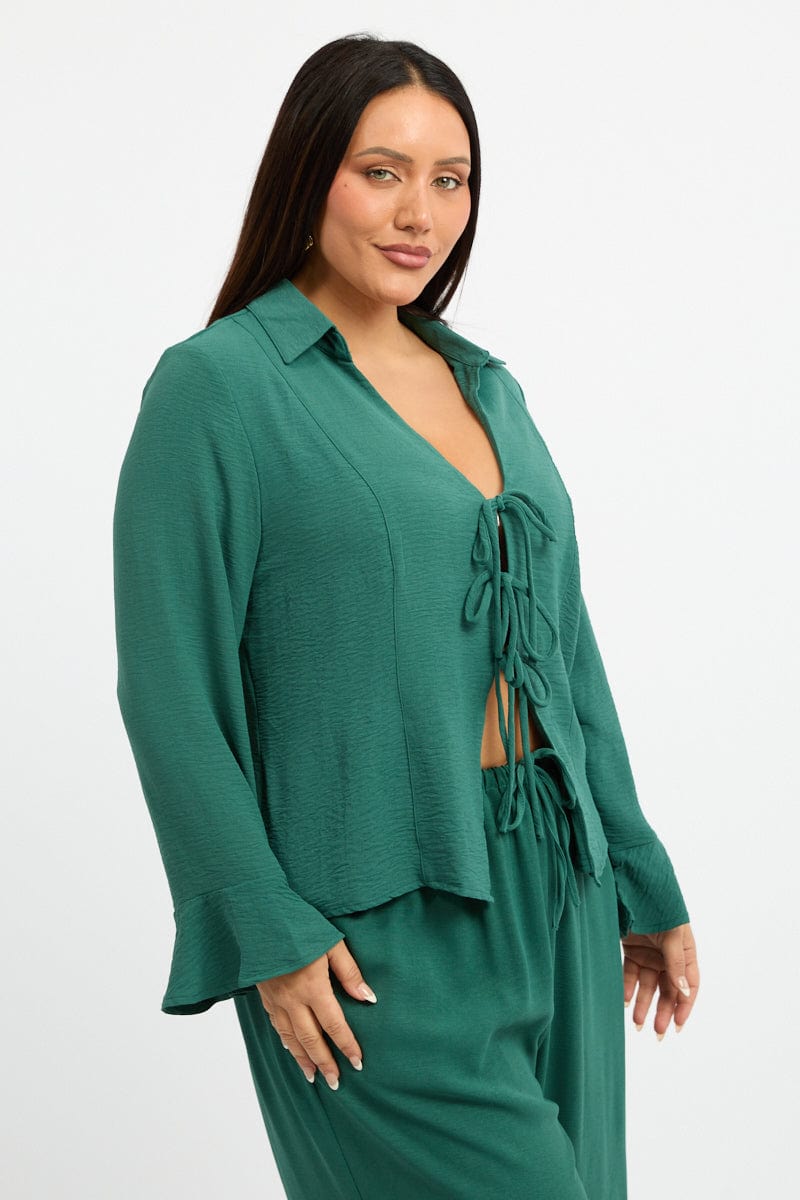 Green Tie Front Top Long Sleeve Textured for YouandAll Fashion