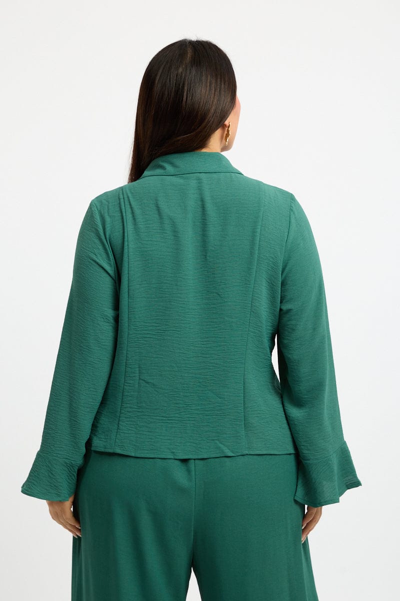 Green Tie Front Top Long Sleeve Textured for YouandAll Fashion