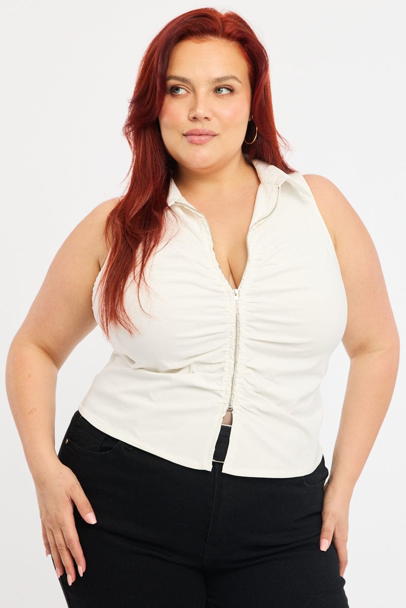 White Fitted Shirt Sleeveless Ruched Bust Zip Front for YouandAll Fashion