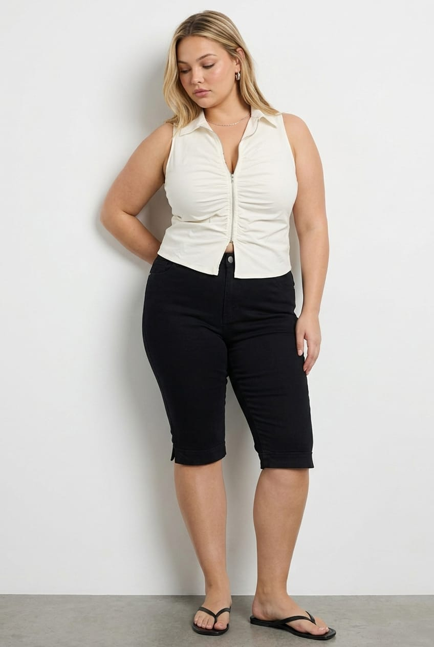 White Fitted Shirt Sleeveless Ruched Bust Zip Front for YouandAll Fashion