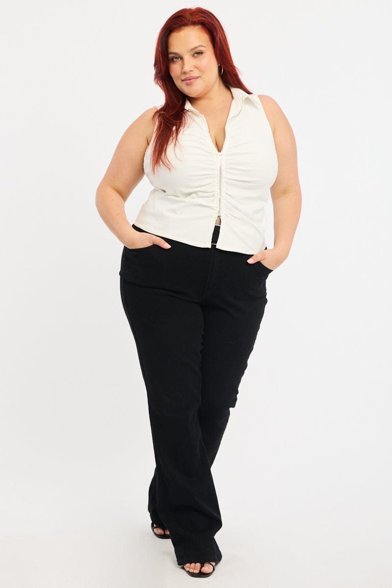 White Fitted Shirt Sleeveless Ruched Bust Zip Front for YouandAll Fashion