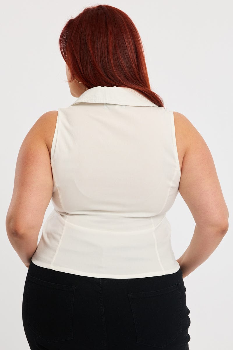 White Fitted Shirt Sleeveless Ruched Bust Zip Front for YouandAll Fashion