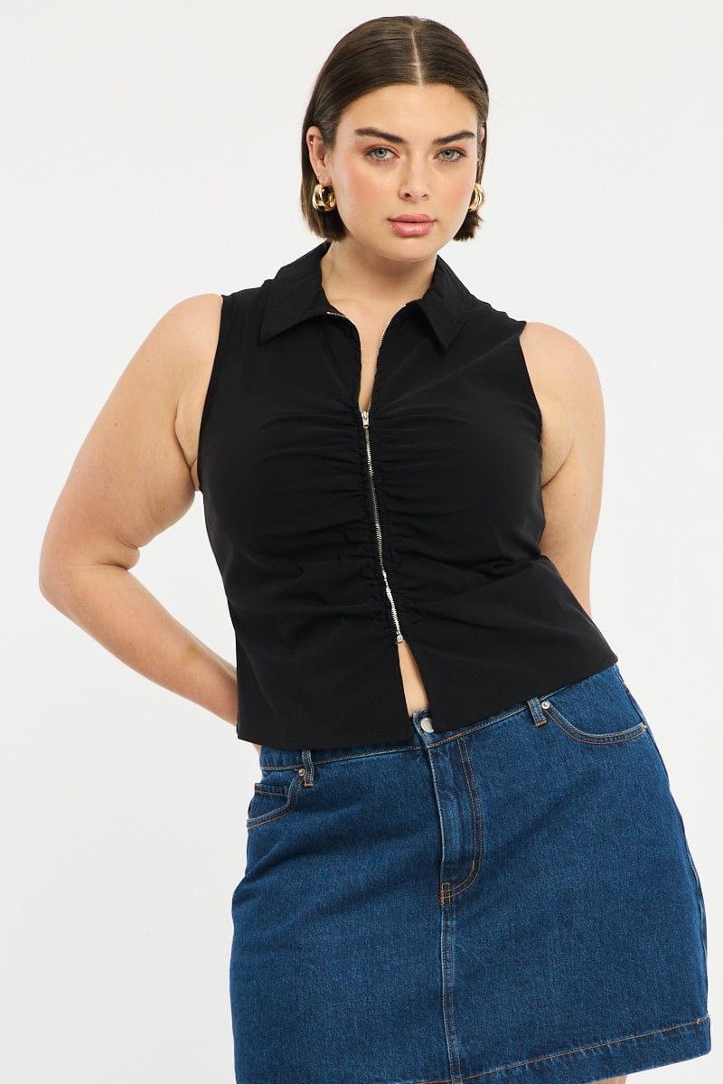 Black Fitted Shirt Sleeveless Ruched Bust Zip Front for YouandAll Fashion