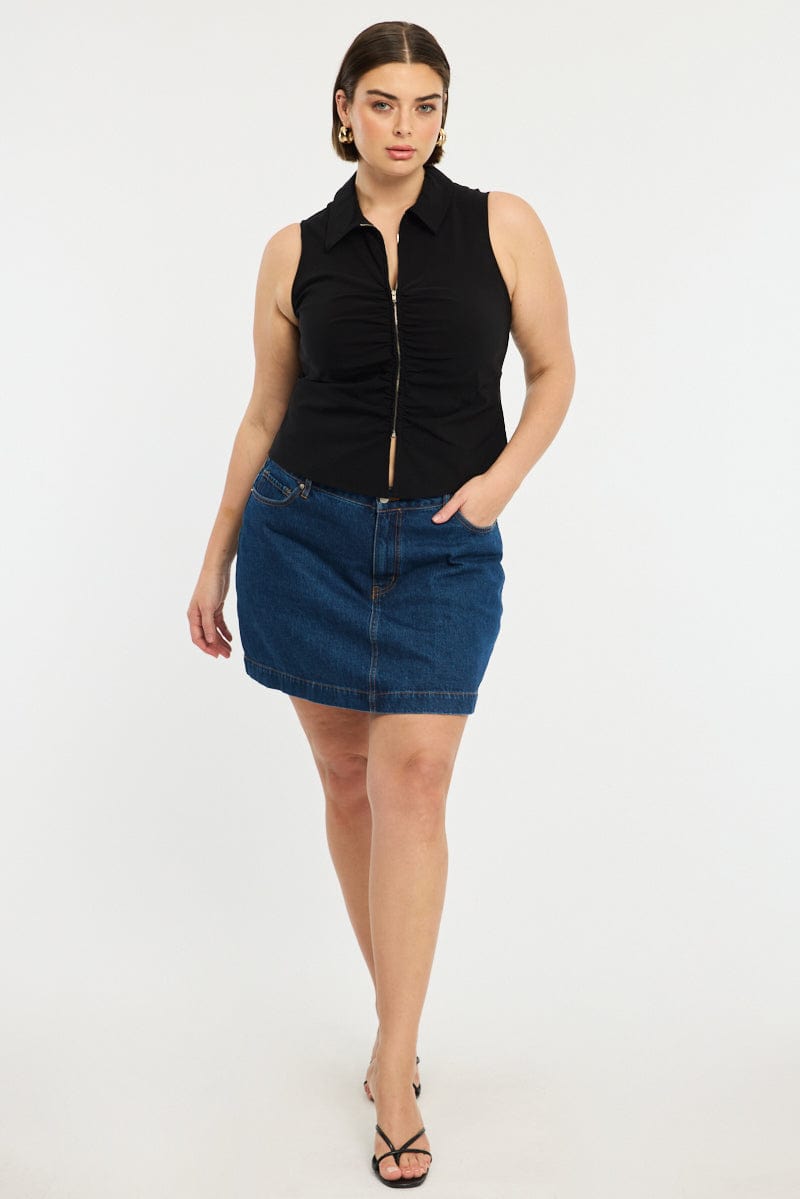 Black Fitted Shirt Sleeveless Ruched Bust Zip Front for YouandAll Fashion
