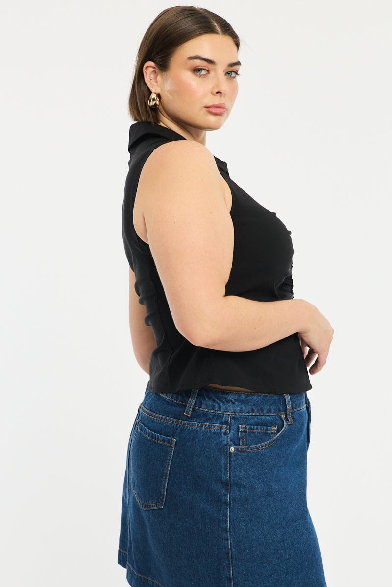 Black Fitted Shirt Sleeveless Ruched Bust Zip Front for YouandAll Fashion