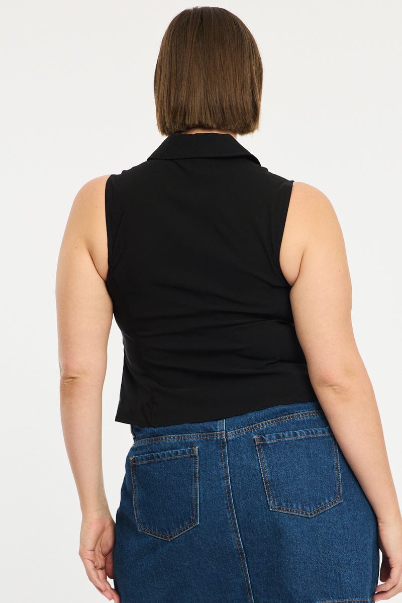 Black Fitted Shirt Sleeveless Ruched Bust Zip Front for YouandAll Fashion