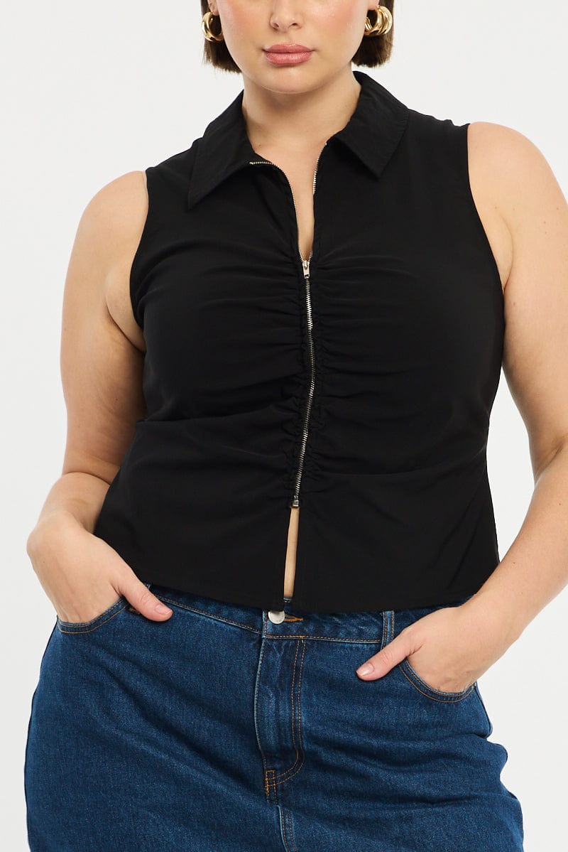 Black Fitted Shirt Sleeveless Ruched Bust Zip Front for YouandAll Fashion