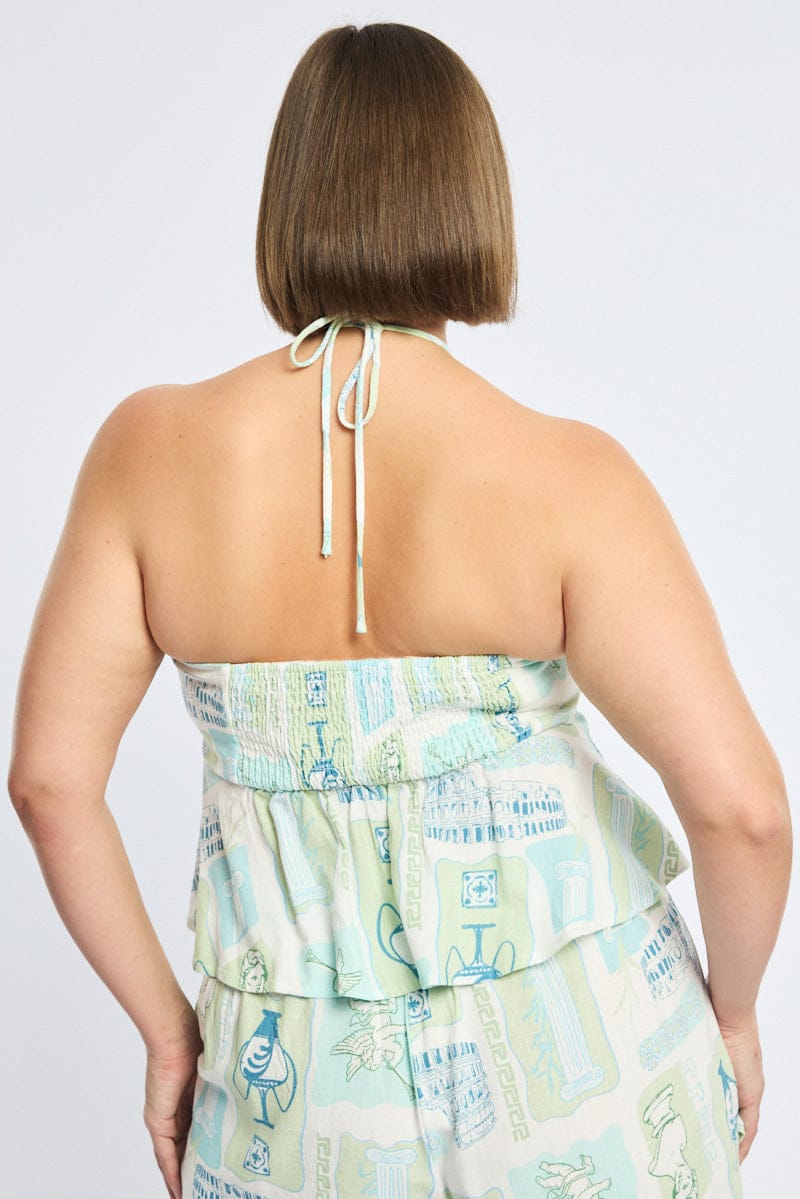 Green Abstract Halter Top Linen Blend for YouandAll Fashion