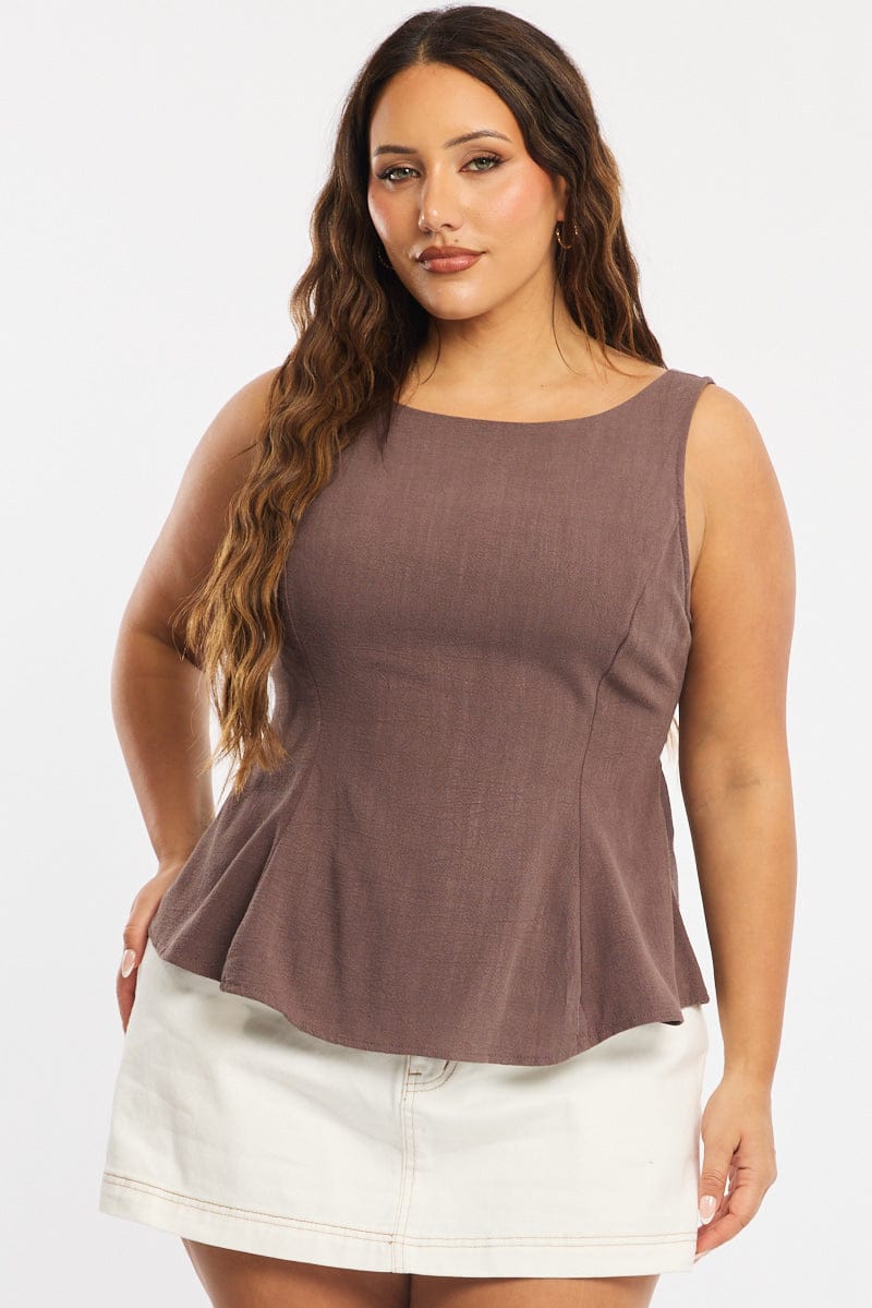 Brown Linen Peplum Top Sleeveless Cut Out Back for YouandAll Fashion