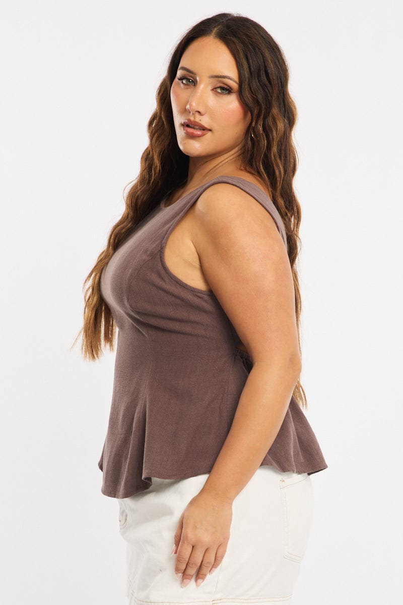 Brown Linen Peplum Top Sleeveless Cut Out Back for YouandAll Fashion