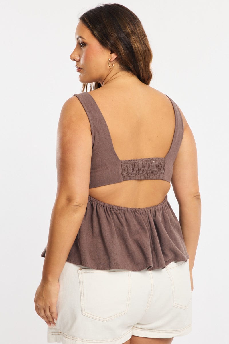 Brown Linen Peplum Top Sleeveless Cut Out Back for YouandAll Fashion