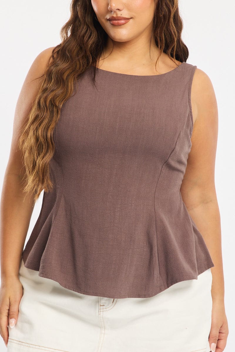 Brown Linen Peplum Top Sleeveless Cut Out Back for YouandAll Fashion