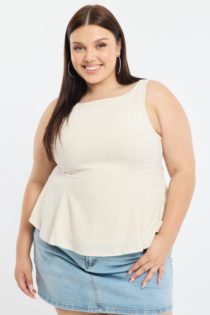 Beige Linen Peplum Top Sleeveless Cut Out Back for YouandAll Fashion