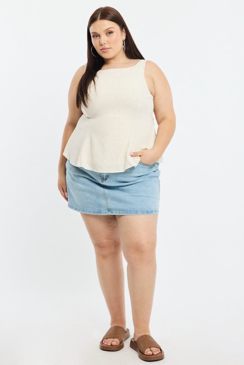 Beige Linen Peplum Top Sleeveless Cut Out Back for YouandAll Fashion