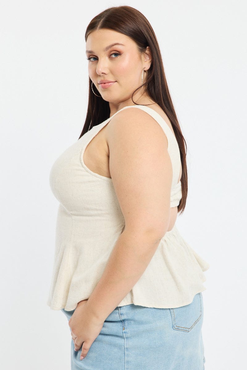 Beige Linen Peplum Top Sleeveless Cut Out Back for YouandAll Fashion