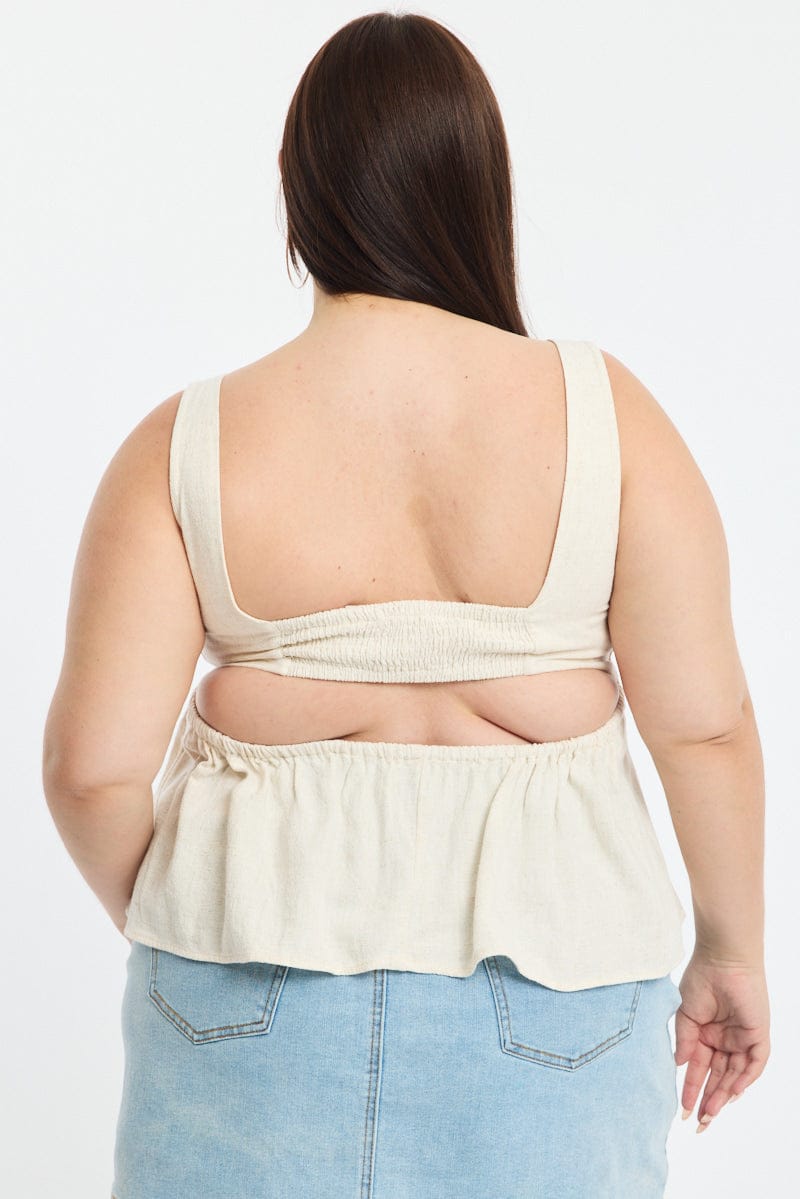 Beige Linen Peplum Top Sleeveless Cut Out Back for YouandAll Fashion