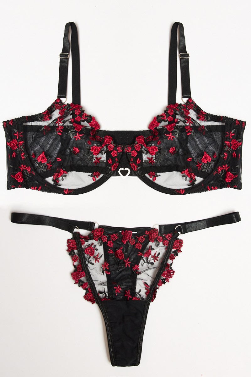 Black Flower Embroidered Lingerie Set for YouandAll Fashion