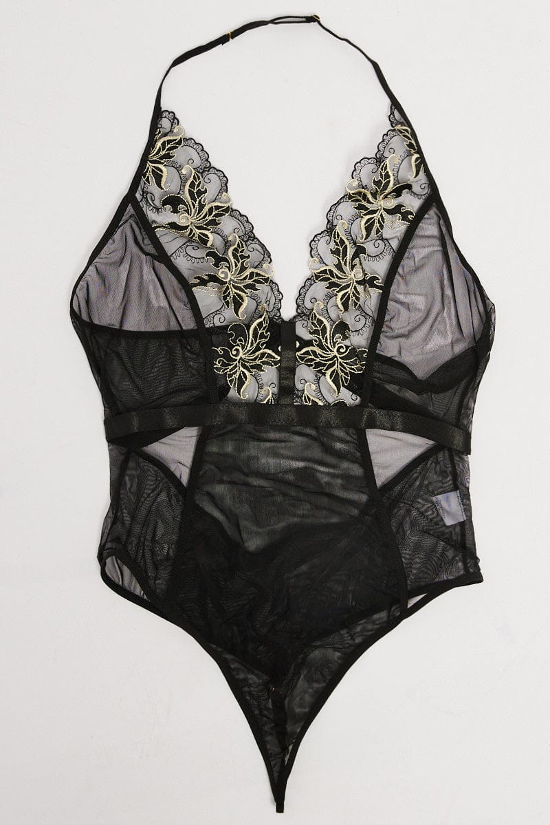 Black Embroidery Mesh Bodysuit Lingerie for YouandAll Fashion