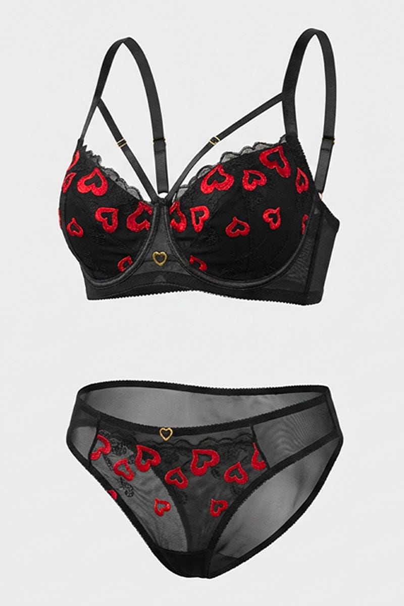 Black Heart Embroidered Lingerie Set for YouandAll Fashion