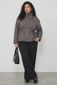 Grey Trench Jacket Funnel Neck Belted
