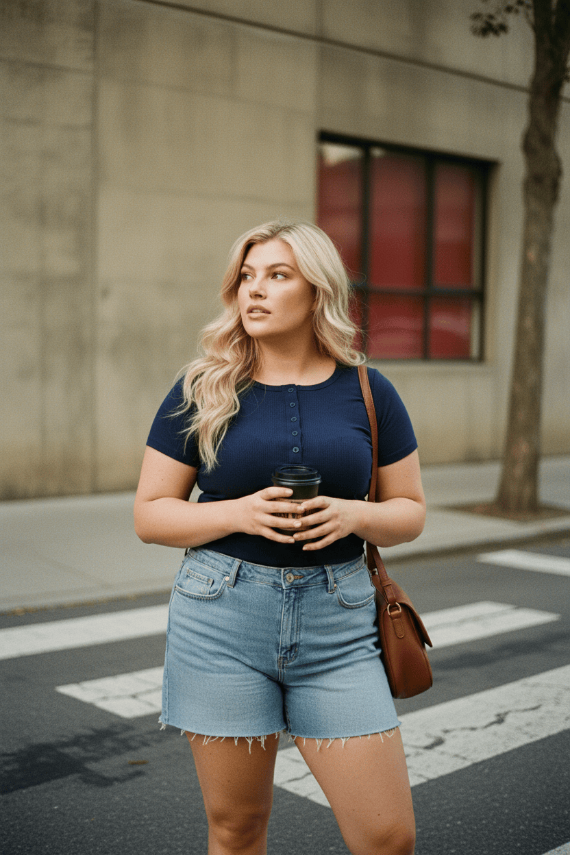 Blue Button Front Top Short Sleeve Rib