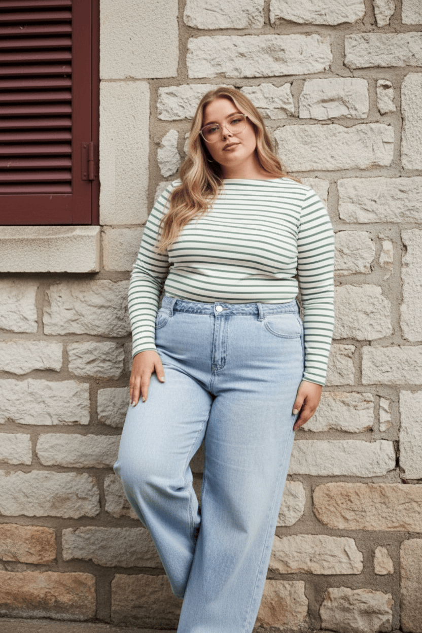 Green Stripe T-shirt Long Sleeve Boat Neck Longline