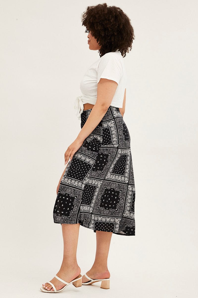 Black Boho Midi Skirt Bias Bandana Print Split | You & All
