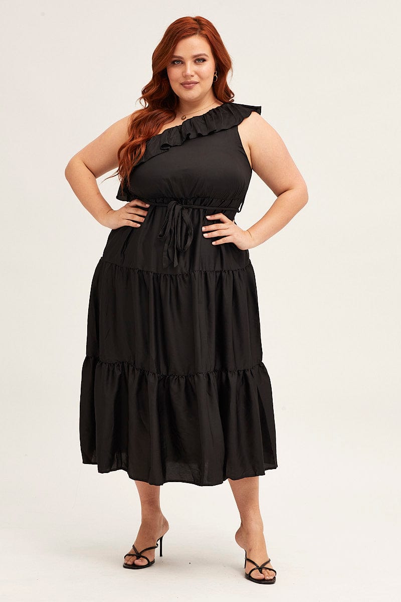 Plus Size Black Midi Dress One Frill Shoulder