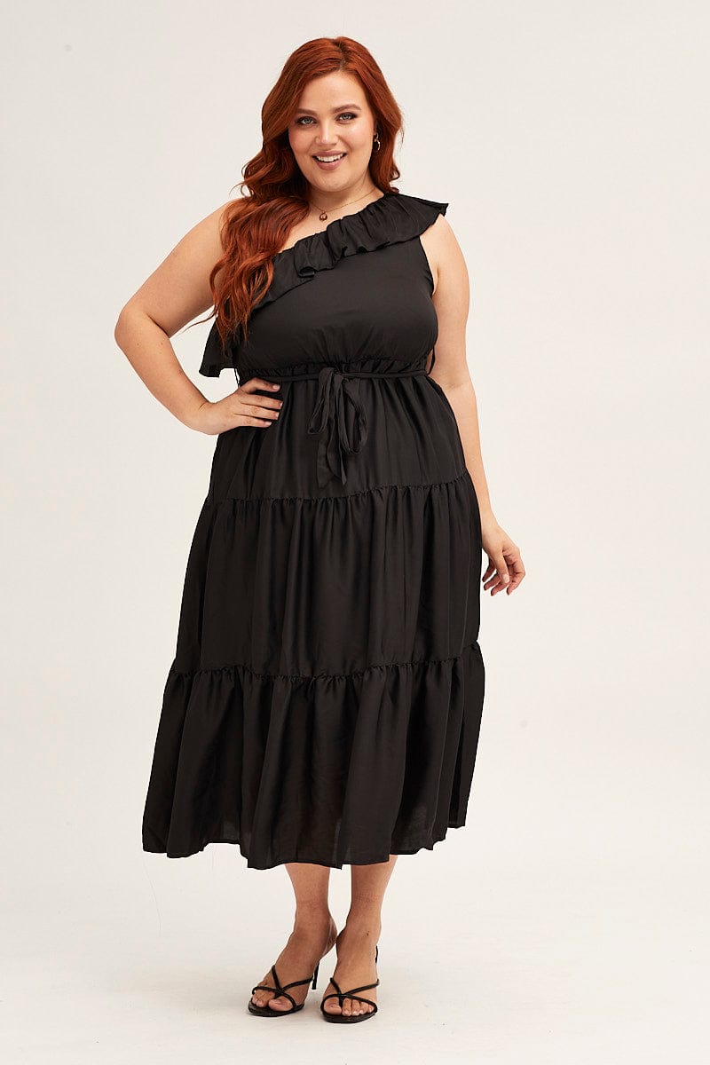 Plus Size Black Midi Dress One Frill Shoulder