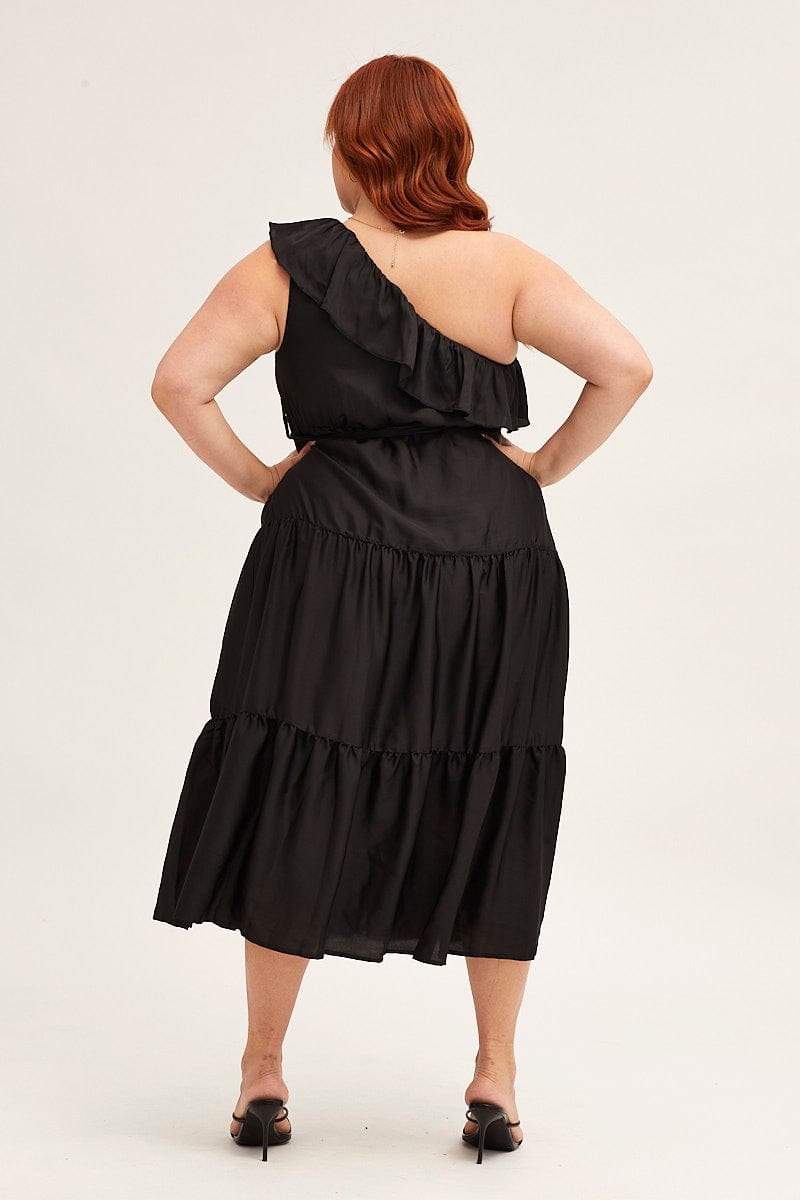 Plus Size Black Midi Dress One Frill Shoulder