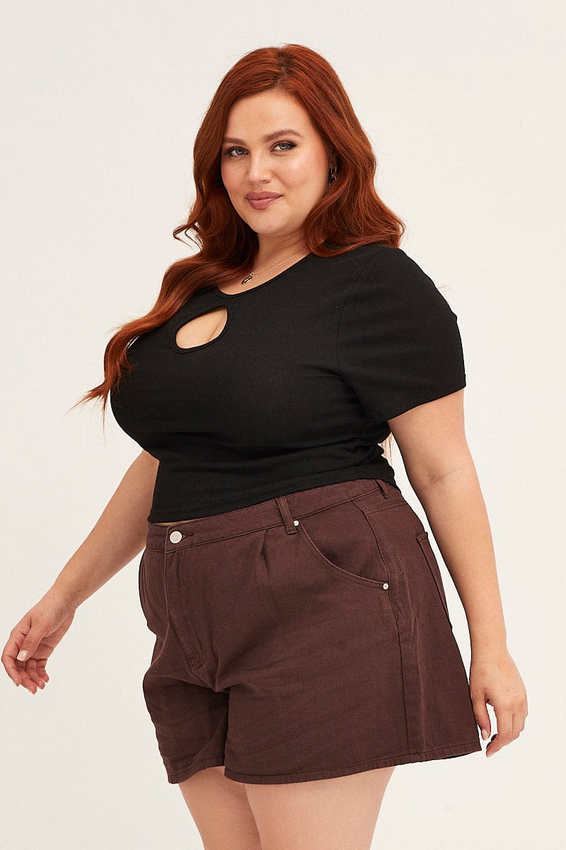 Plus Size Brown Chocolate High Rise Pleats Relaxed Denim Shorts