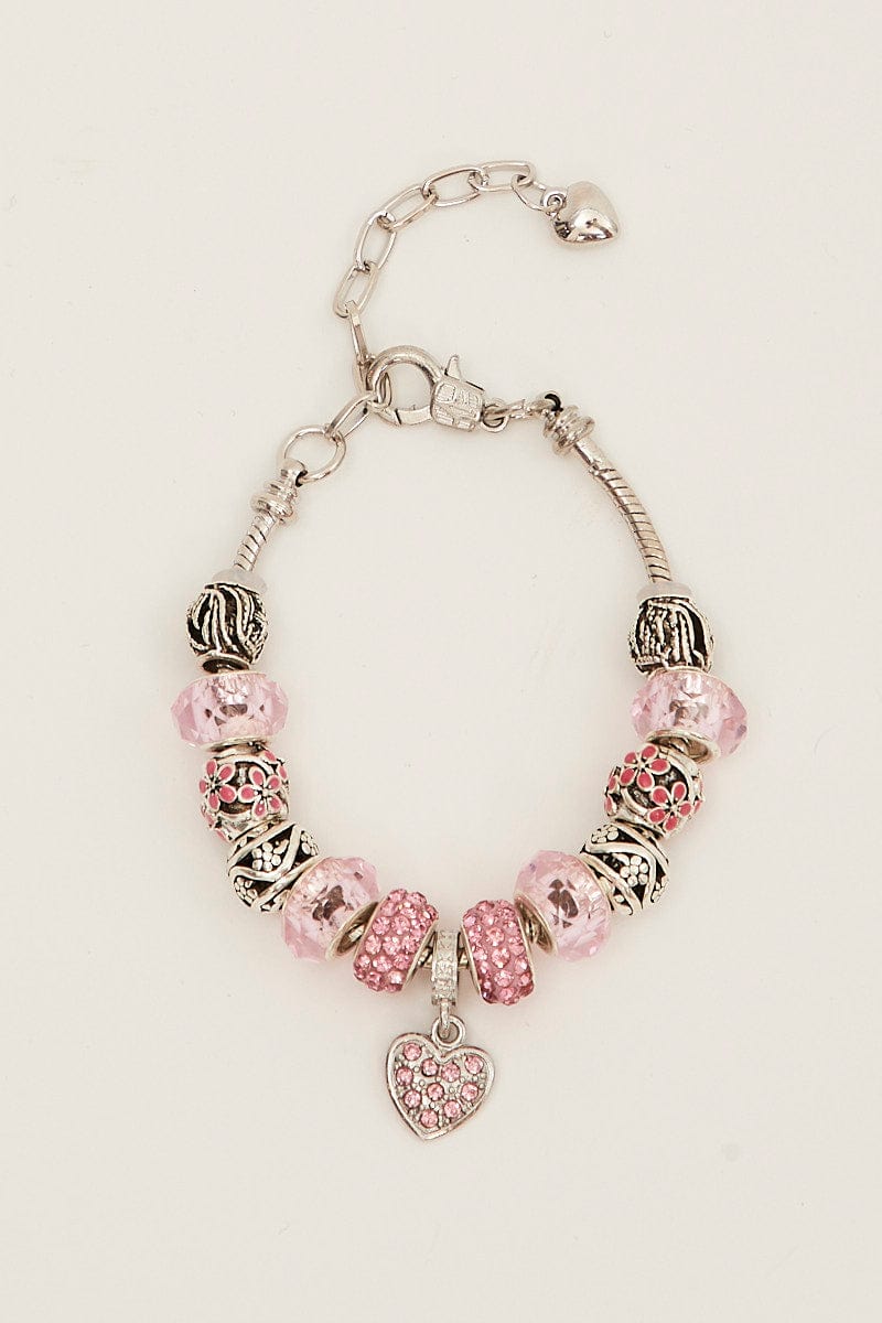 Pink Rhinestone Heart Charm Bracelet