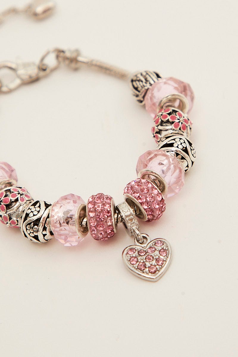 Pink Rhinestone Heart Charm Bracelet