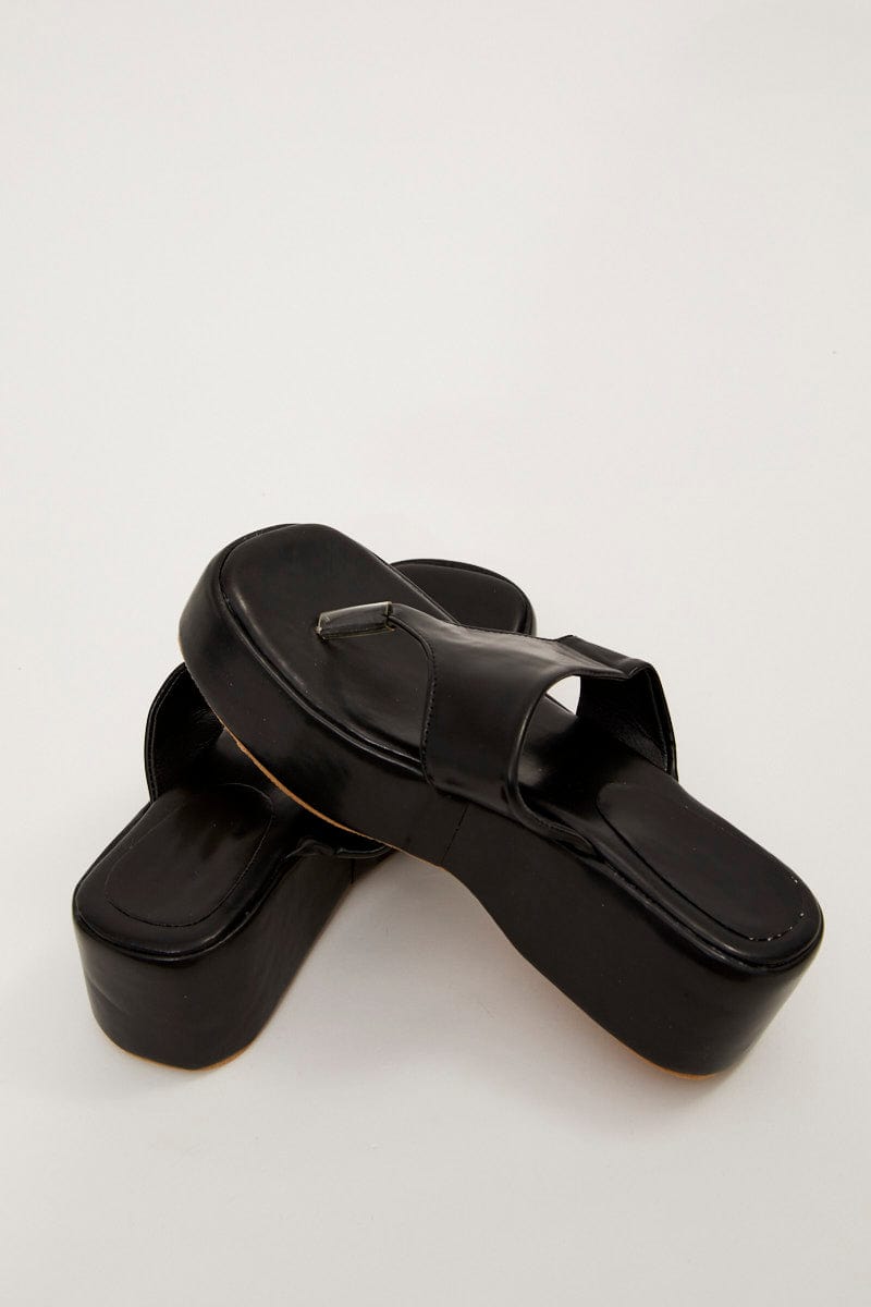 Black Toe Post Thong Wedge Sandals