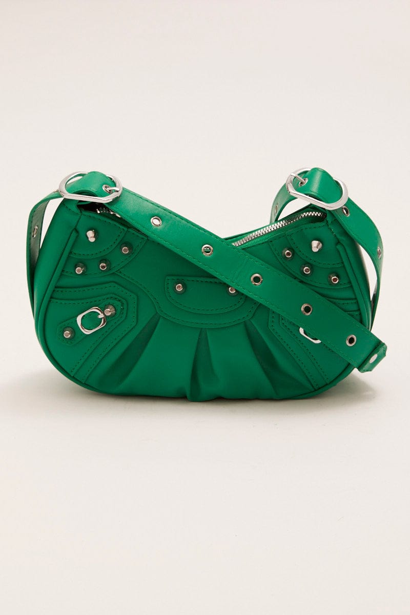 Green Pleated Crescent Shoulder Bag With Stud Decor