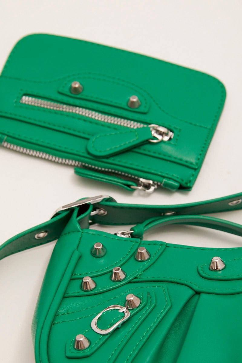 Green Pleated Crescent Shoulder Bag With Stud Decor