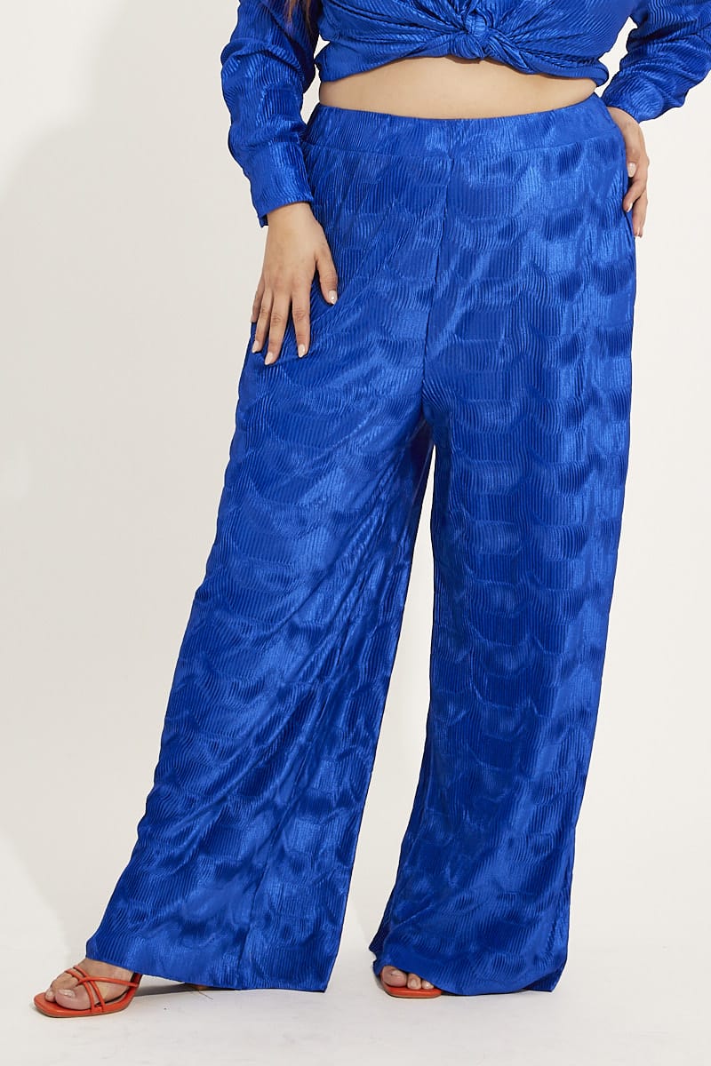 Blue Plisse Pants Wide Leg High Rise