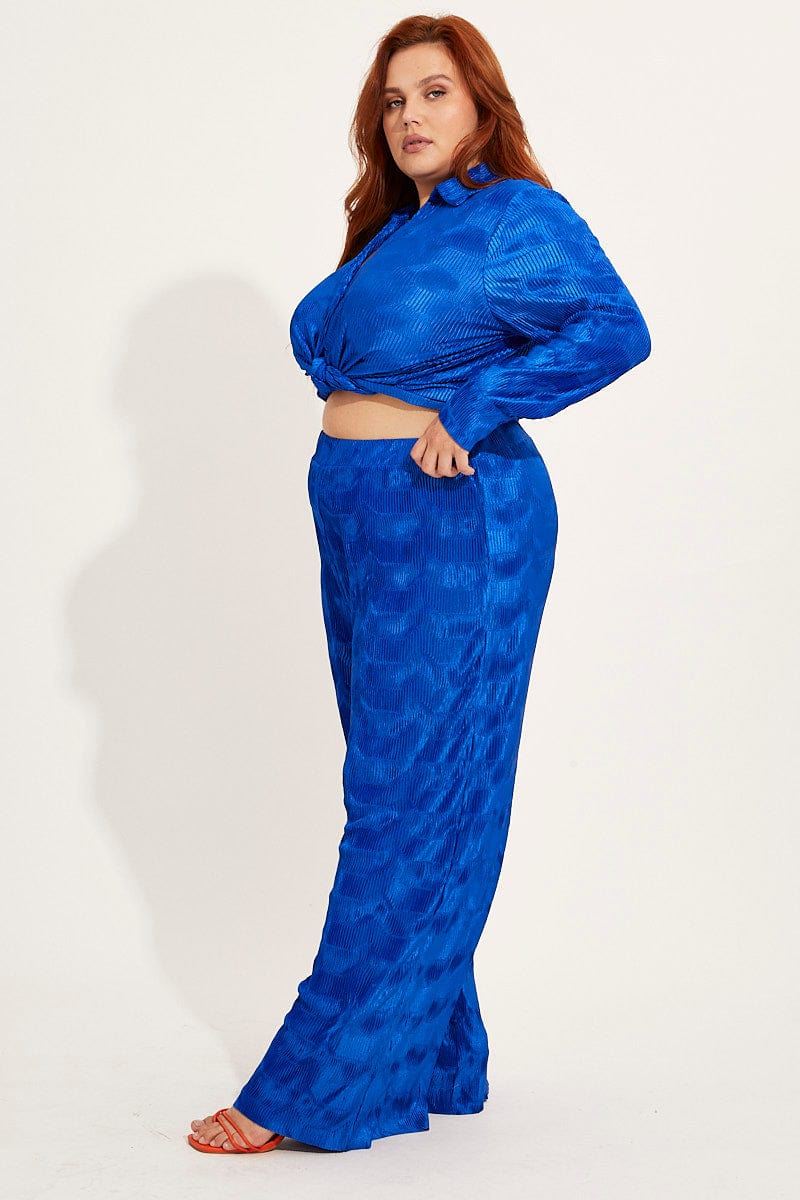 Blue Plisse Pants Wide Leg High Rise