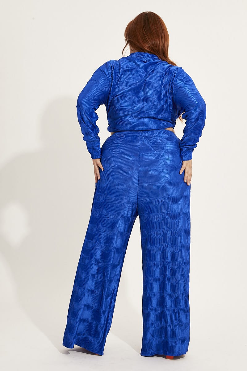 Blue Plisse Pants Wide Leg High Rise