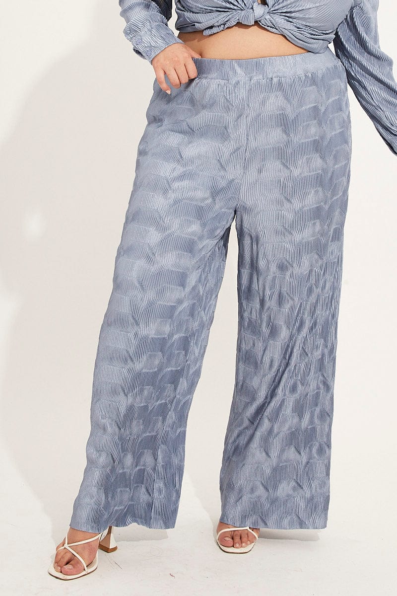 Dusty Blue Plisse Pants Wide Leg High Rise