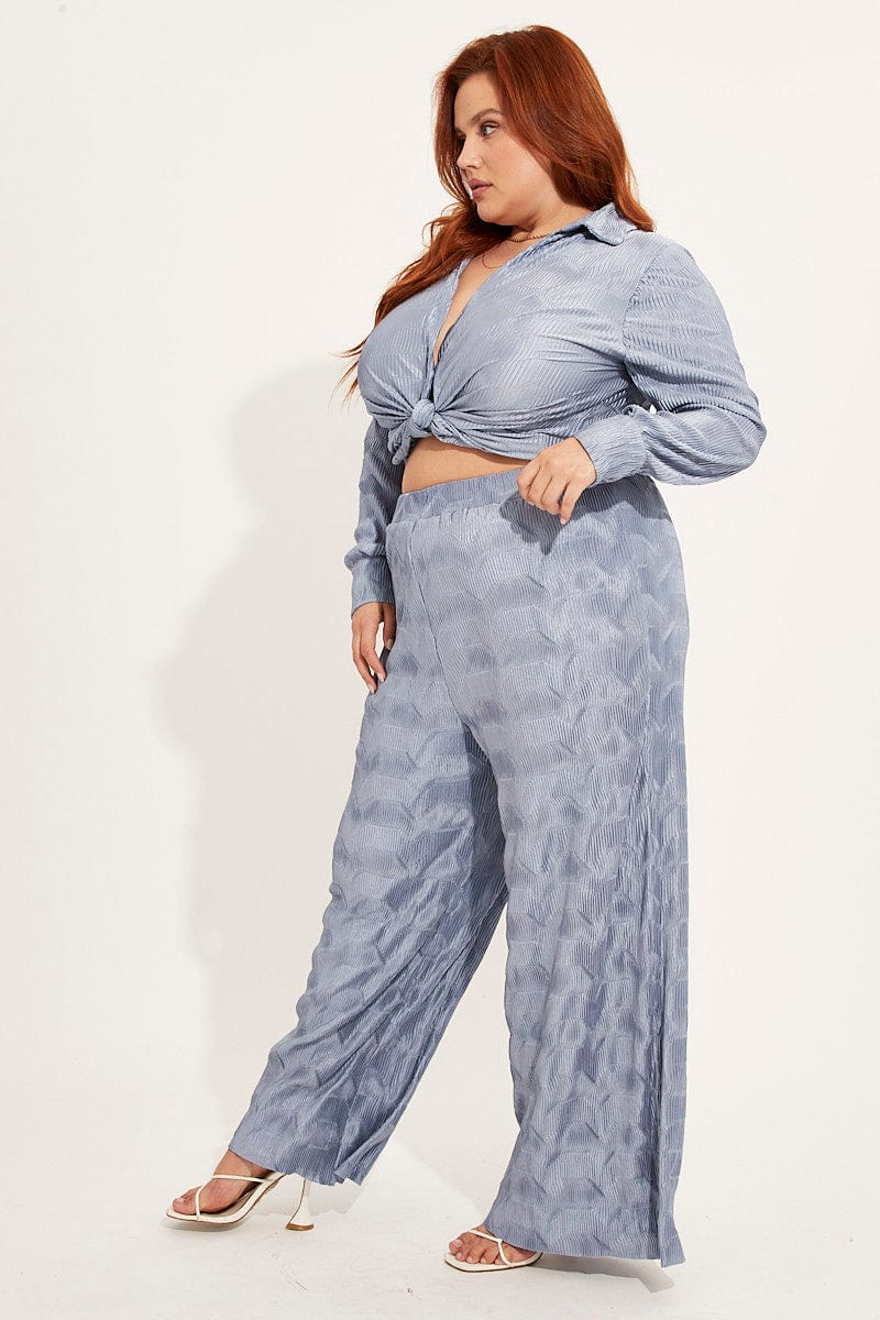 Dusty Blue Plisse Pants Wide Leg High Rise